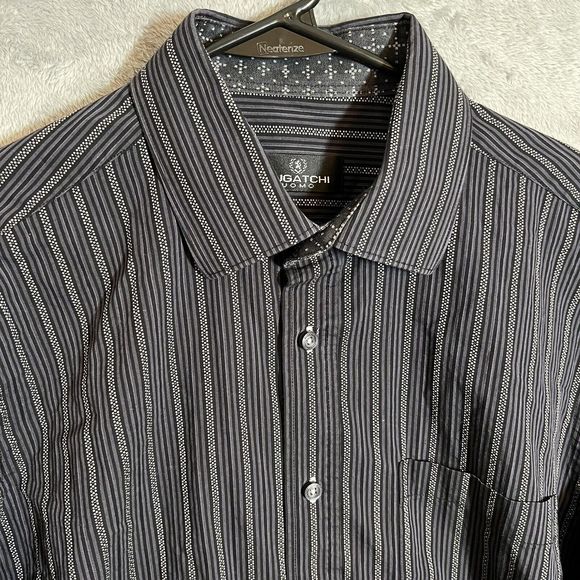 Bugatchi‎ Uomo Mens Large Black Button Up Geometric Striped Long Sleeve Shirt - Picture 1 of 9